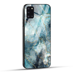 Samsung Galaxy A31 Back Cover Blue Gold Illustrated Marble Printed Glass Case