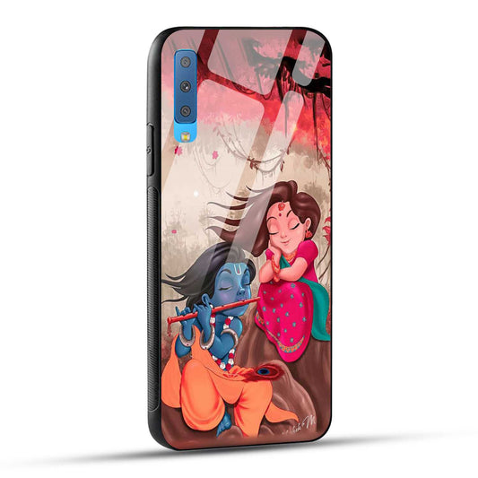 Samsung Galaxy A7 2018 Back Cover Lord Krishna with His Flute & Radha Printed Glass Case