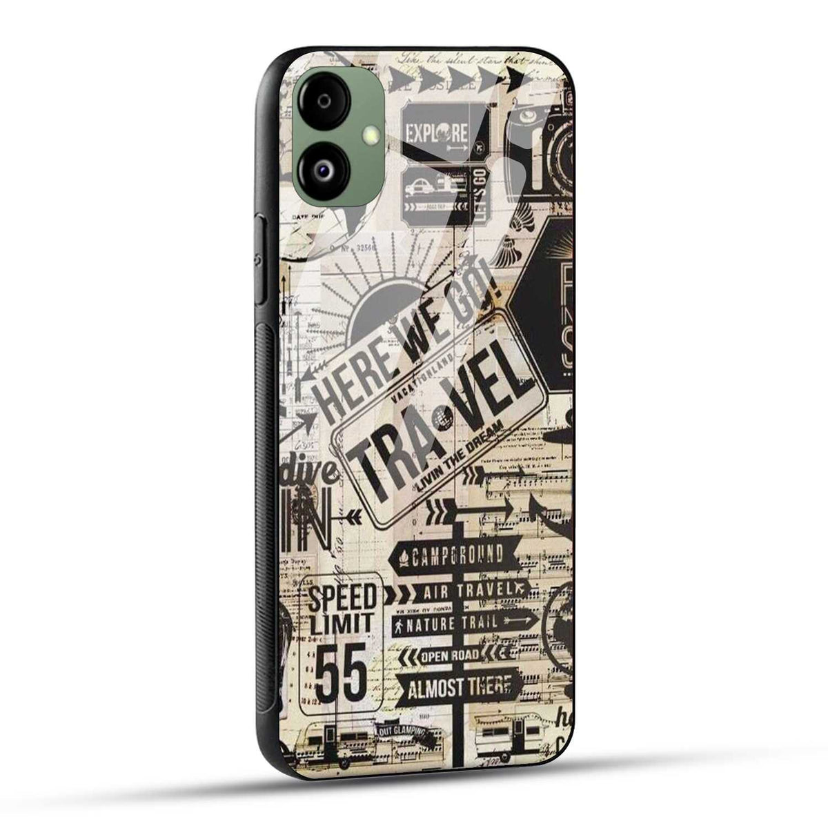 Samsung Galaxy F14 5G Back Cover Here We Go Travel Printed Glass Case