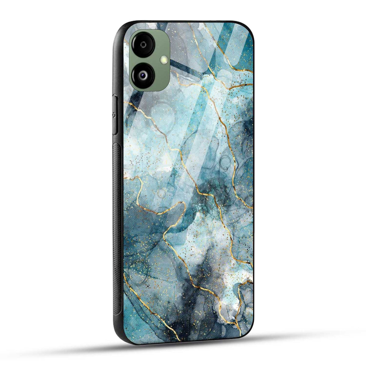 Samsung Galaxy F14 5G Back Cover Blue Gold Illustrated Marble Printed Glass Case