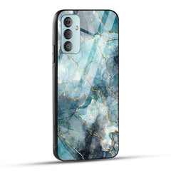 Samsung Galaxy F23 5G Back Cover Blue Gold Illustrated Marble Printed Glass Case
