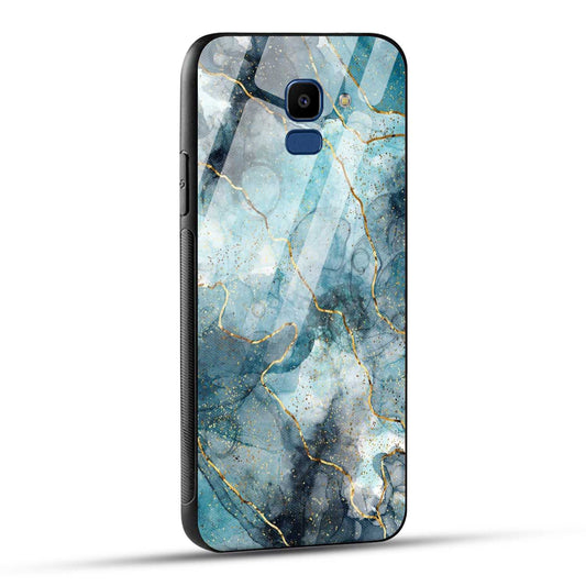 Samsung Galaxy J6 Back Cover Blue Gold Illustrated Marble Printed Glass Case