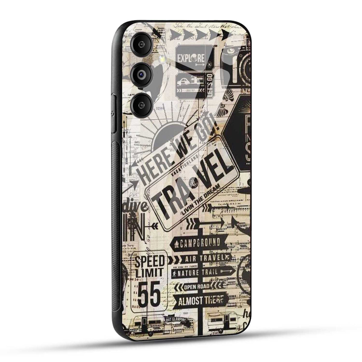 Samsung Galaxy M14 5G Back Cover Here We Go Travel Printed Glass Case