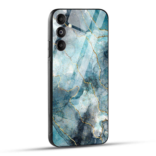 Samsung Galaxy M14 5G Back Cover Blue Gold Illustrated Marble Printed Glass Case