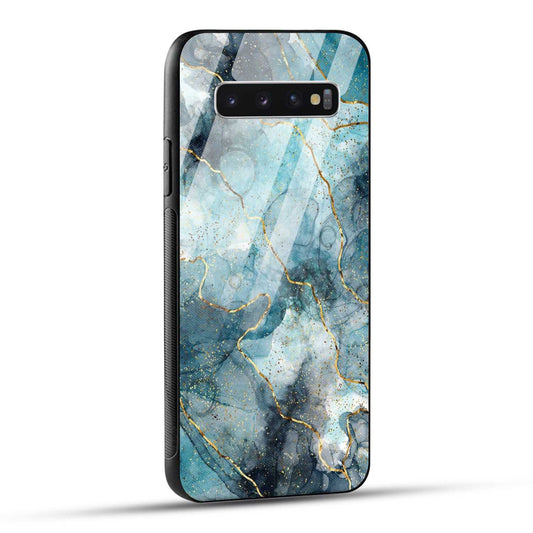 Samsung Galaxy S10 4G Back Cover Blue Gold Illustrated Marble Printed Glass Case