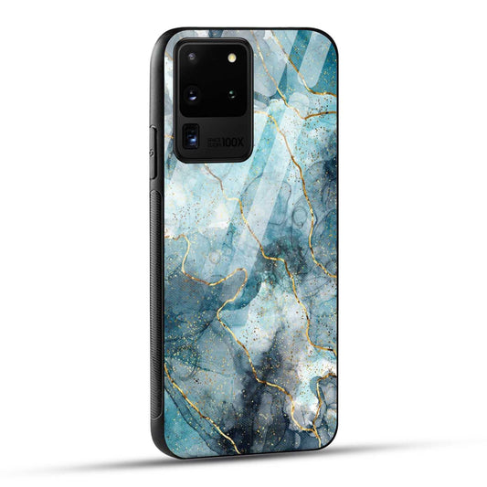 Samsung Galaxy S20 Ultra Back Cover Blue Gold Illustrated Marble Printed Glass Case