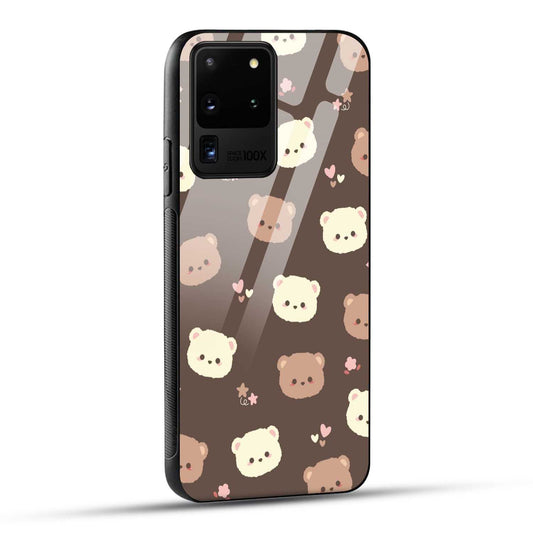 Samsung Galaxy S20 Ultra Back Cover Brown Illustration Cute Bear Pattern Printed Glass Case