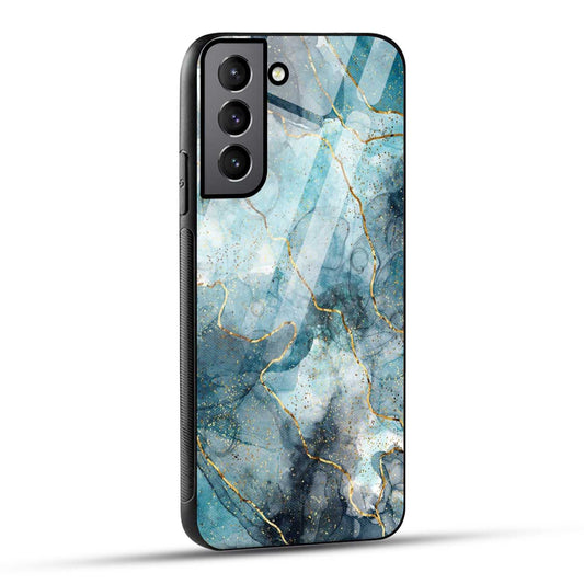 Samsung Galaxy S21 FE 5G Back Cover Blue Gold Illustrated Marble Printed Glass Case