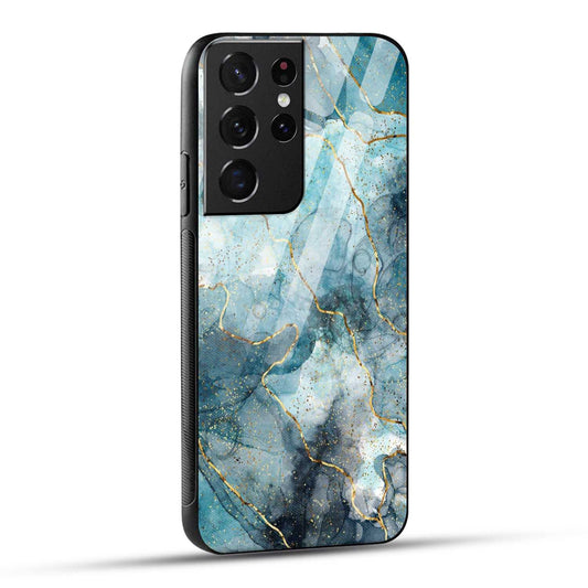 Samsung Galaxy S21 Ultra 5G Back Cover Blue Gold Illustrated Marble Printed Glass Case