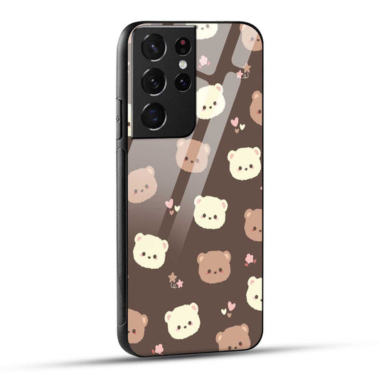 Samsung Galaxy S21 Ultra 5G Back Cover Brown Illustration Cute Bear Pattern Printed Glass Case