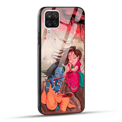 Samsung Galaxy A12 Back Cover Lord Krishna with His Flute & Radha Printed Glass Case