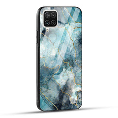 Samsung Galaxy A12 Back Cover Blue Gold Illustrated Marble Printed Glass Case