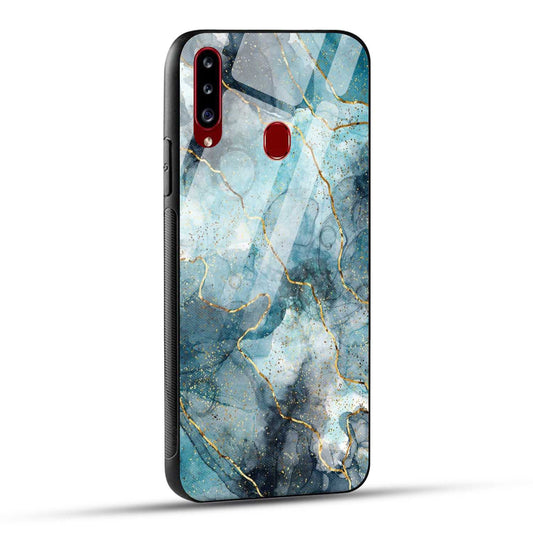 Samsung Galaxy A20s Back Cover Blue Gold Illustrated Marble Printed Glass Case