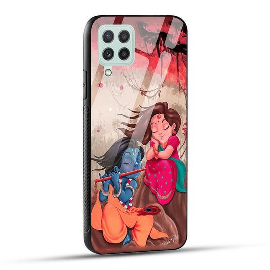 Samsung Galaxy A22 4G Back Cover Lord Krishna with His Flute & Radha Printed Glass Case