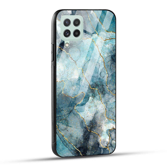 Samsung Galaxy A22 4G Back Cover Blue Gold Illustrated Marble Printed Glass Case