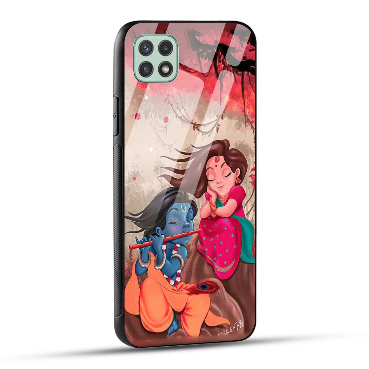Samsung Galaxy A22 5G Back Cover Lord Krishna with His Flute & Radha Printed Glass Case