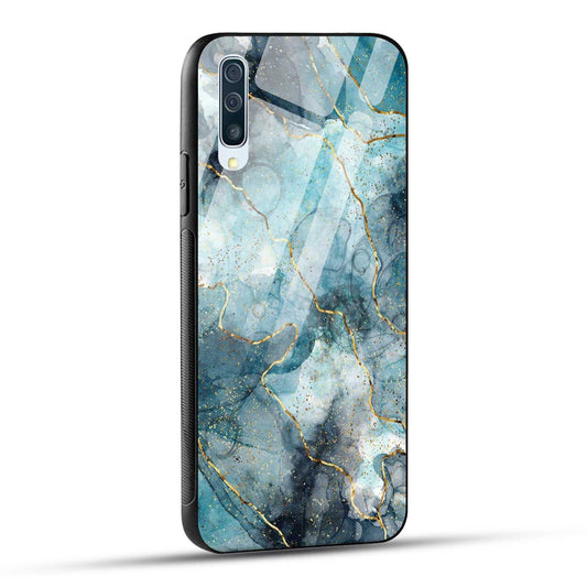Samsung Galaxy A50 Back Cover Blue Gold Illustrated Marble Printed Glass Case