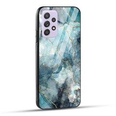 Samsung Galaxy A52 Back Cover Blue Gold Illustrated Marble Printed Glass Case