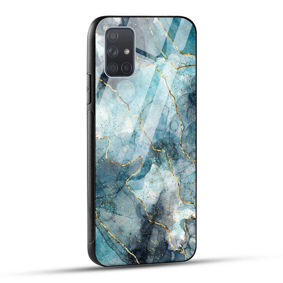 Samsung Galaxy A71 Back Cover Blue Gold Illustrated Marble Printed Glass Case
