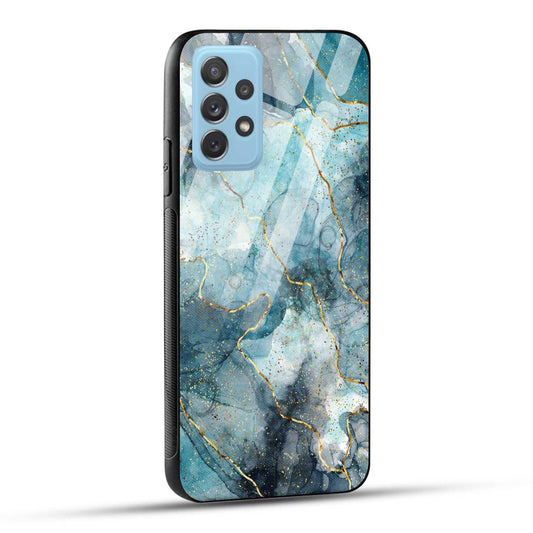 Samsung Galaxy A72 Back Cover Blue Gold Illustrated Marble Printed Glass Case