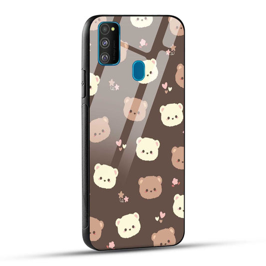 Samsung Galaxy M30s Back Cover Brown Illustration Cute Bear Pattern Printed Glass Case