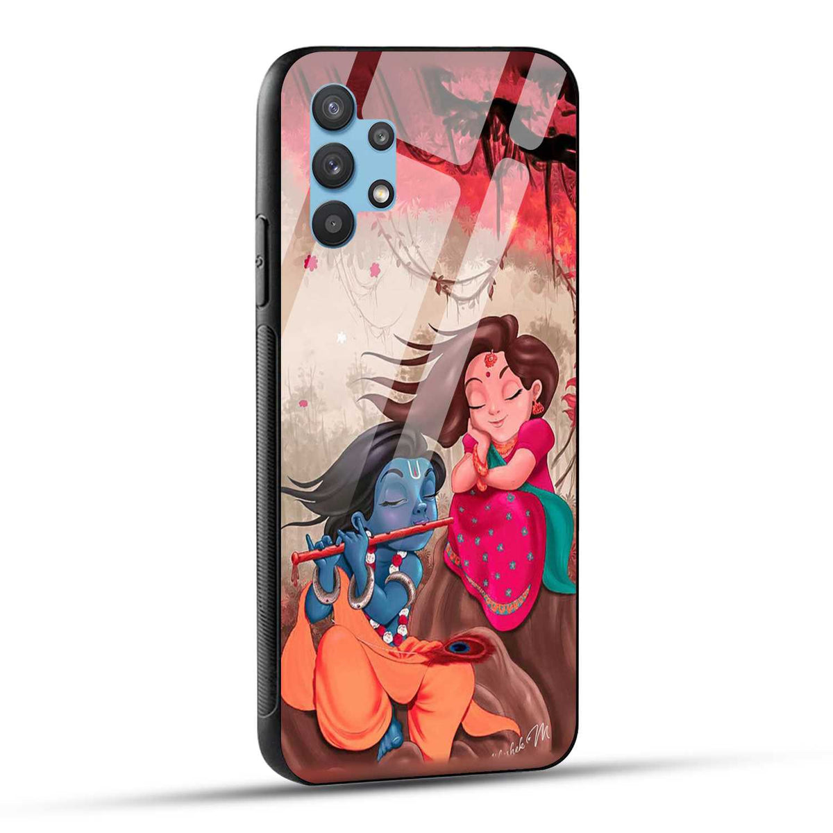 Samsung Galaxy M32 5G Back Cover Lord Krishna with His Flute & Radha Printed Glass Case