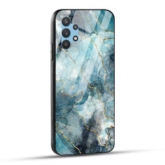 Samsung Galaxy A32 Back Cover Blue Gold Illustrated Marble Printed Glass Case