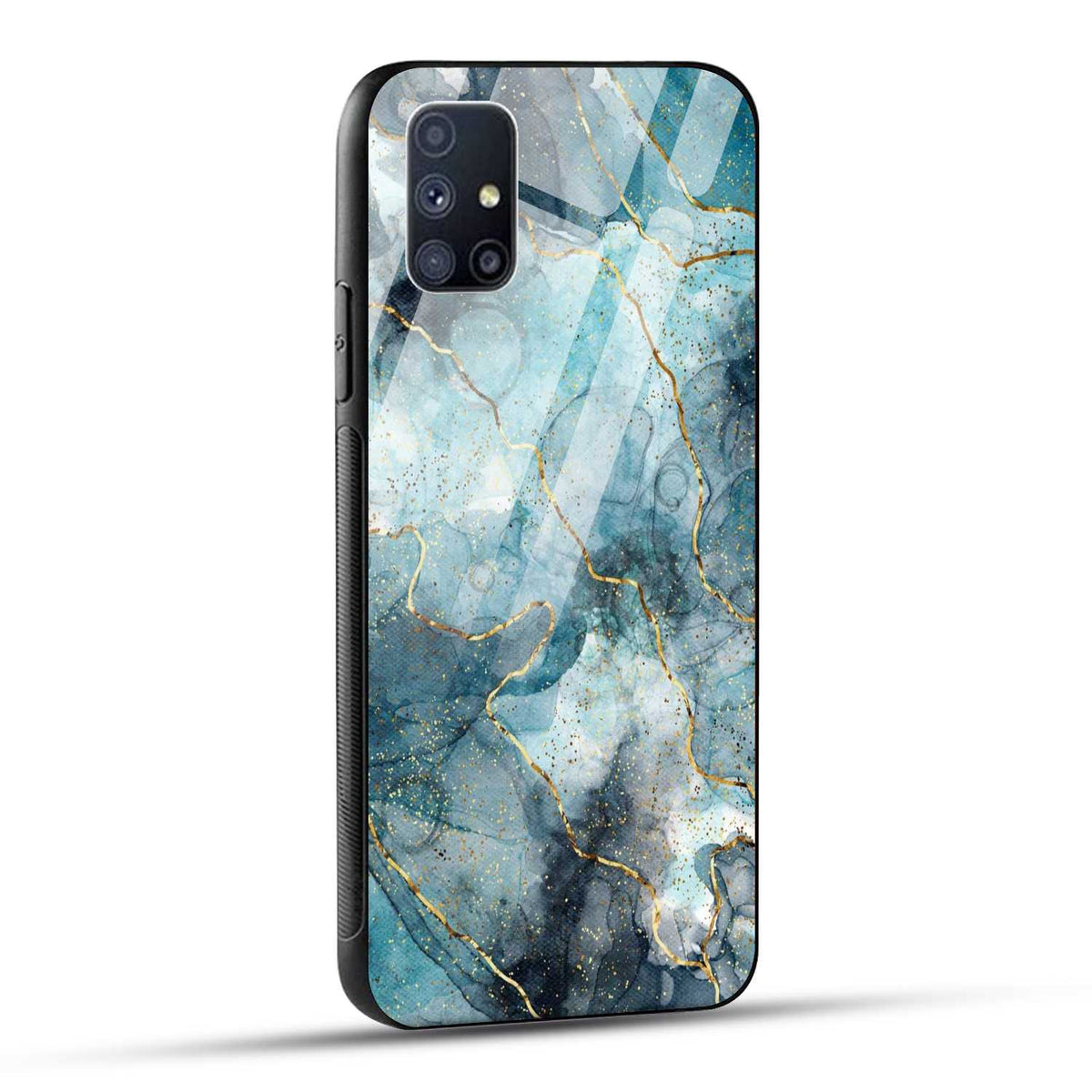 Samsung Galaxy M51 Back Cover Blue Gold Illustrated Marble Printed Glass Case