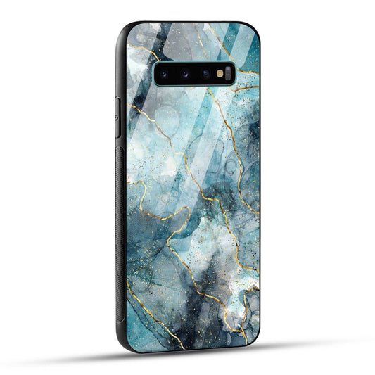 Samsung Galaxy S10 Plus Back Cover Blue Gold Illustrated Marble Printed Glass Case