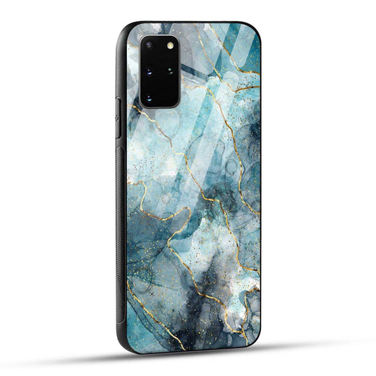 Samsung Galaxy S20 Plus Back Cover Blue Gold Illustrated Marble Printed Glass Case