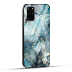 Samsung Galaxy S20 Plus Back Cover Blue Gold Illustrated Marble Printed Glass Case