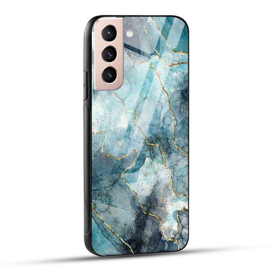 Samsung Galaxy S21 5G Back Cover Blue Gold Illustrated Marble Printed Glass Case