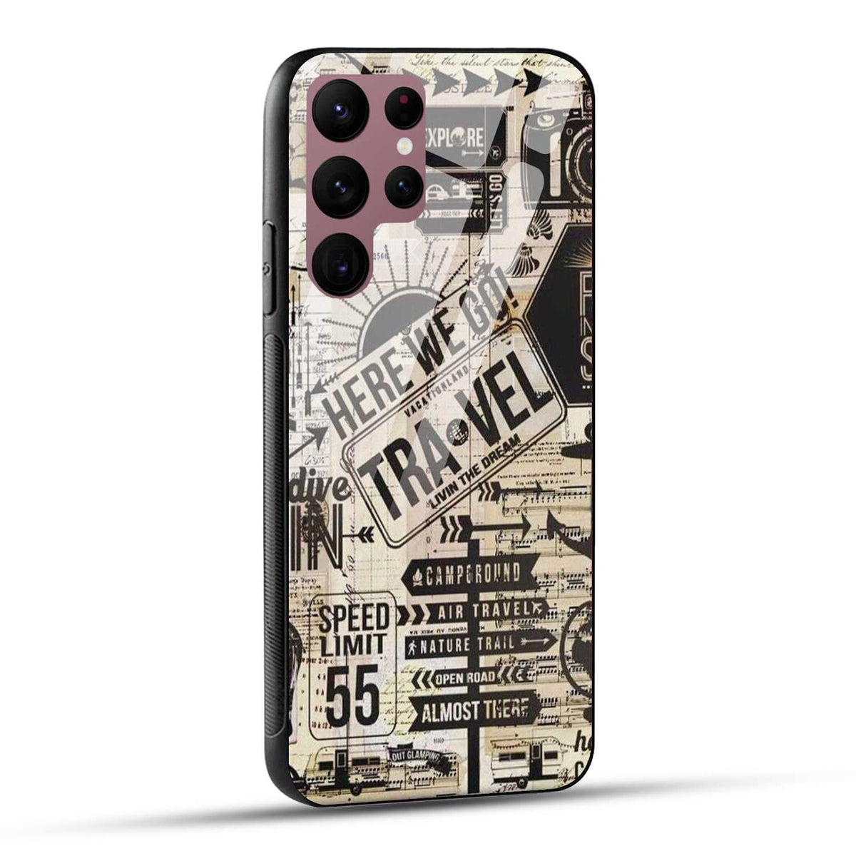 Samsung Galaxy S22 Ultra 5G Back Cover Here We Go Travel Printed Glass Case