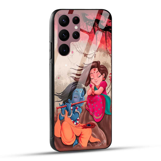 Samsung Galaxy S22 Ultra 5G Back Cover Lord Krishna with His Flute & Radha Printed Glass Case