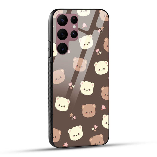 Samsung Galaxy S22 Ultra 5G Back Cover Brown Illustration Cute Bear Pattern Printed Glass Case