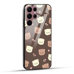 Samsung Galaxy S22 Ultra 5G Back Cover Brown Illustration Cute Bear Pattern Printed Glass Case