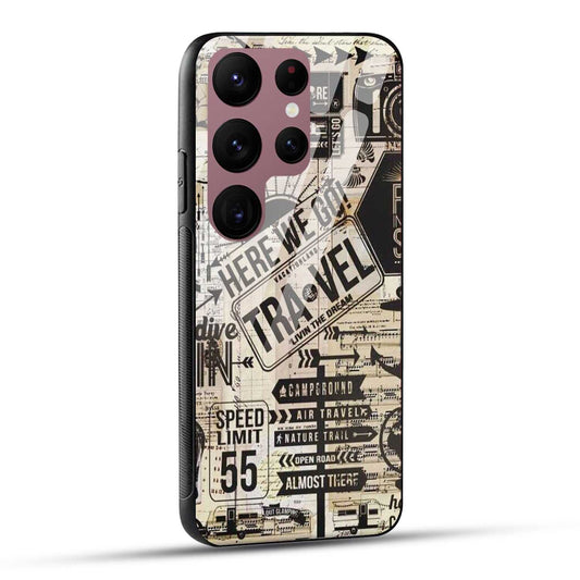 Samsung Galaxy S23 Ultra 5G Back Cover Here We Go Travel Printed Glass Case