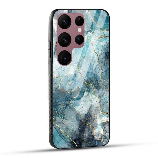 Samsung Galaxy S23 Ultra 5G Back Cover Blue Gold Illustrated Marble Printed Glass Case