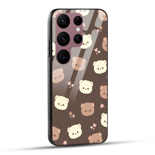 Samsung Galaxy S23 Ultra 5G Back Cover Brown Illustration Cute Bear Pattern Printed Glass Case