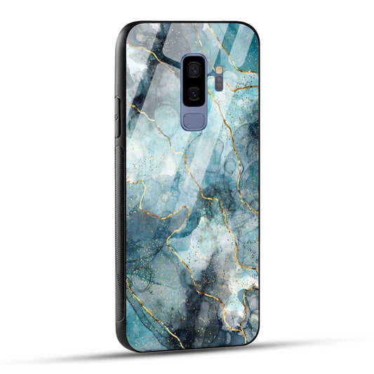 Samsung Galaxy S9 Plus Back Cover Blue Gold Illustrated Marble Printed Glass Case
