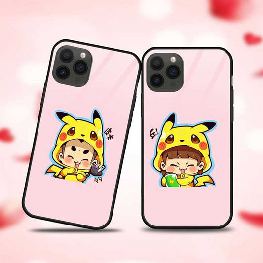 Couple Wearing Pikachu Printed Cap  Glass Couple Case