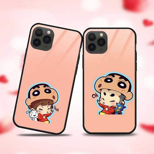 Couple Wearing Shinchan Printed Cap  Glass Couple Case