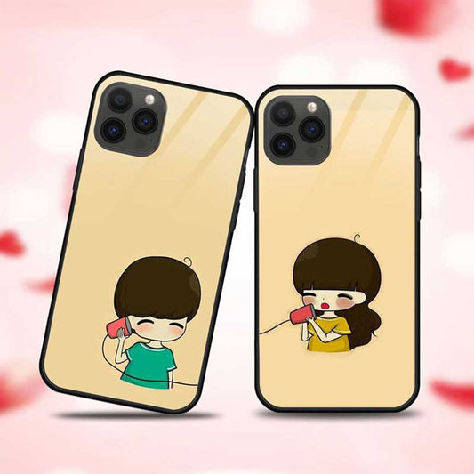 Cute Couple Playing With Paper Cup Phone  Glass Couple Case