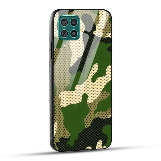 Samsung Galaxy F62 Back Cover Camouflage Printed Glass Case