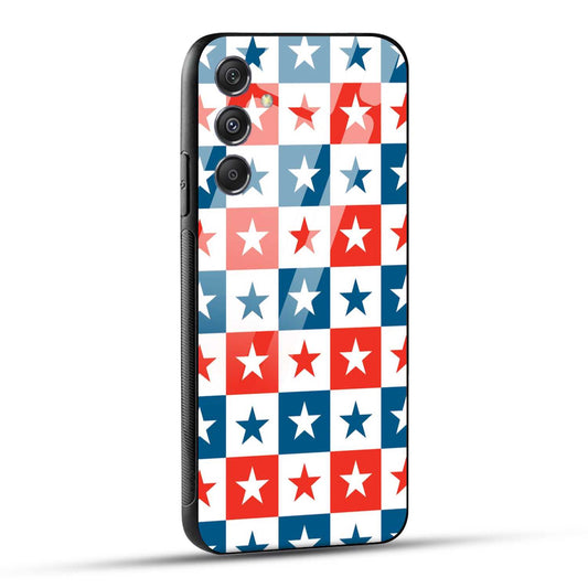 Samsung Galaxy M34 5G Back Cover Blue And Red Star Print Printed Glass Case