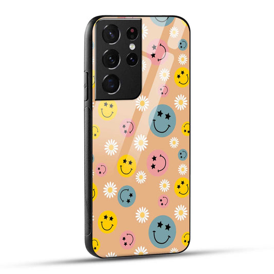 Samsung Galaxy S21 Ultra 5G Back Cover Smiley And Flowers Printed Glass Case