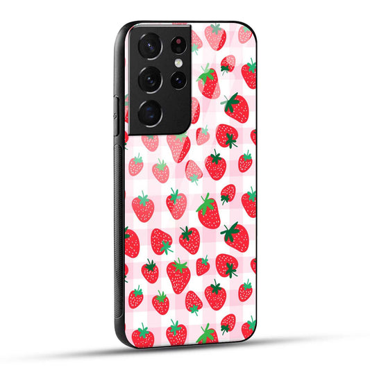 Samsung Galaxy S21 Ultra 5G Back Cover Doodle Of Strawberries Printed Glass Case