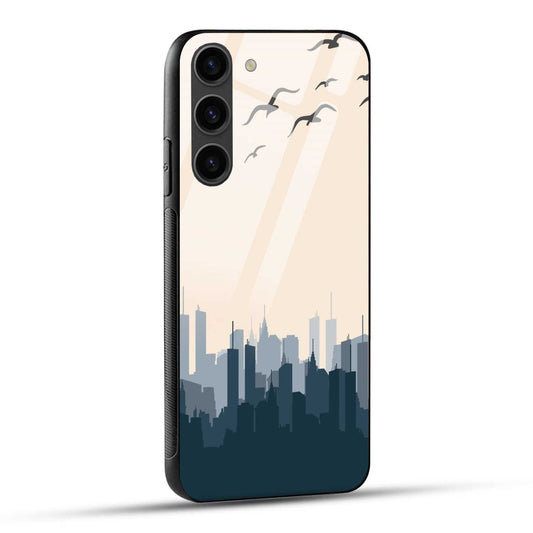 Samsung Galaxy S23 Plus 5G Back Cover Navy Cream Illustration City Building Printed Glass Case