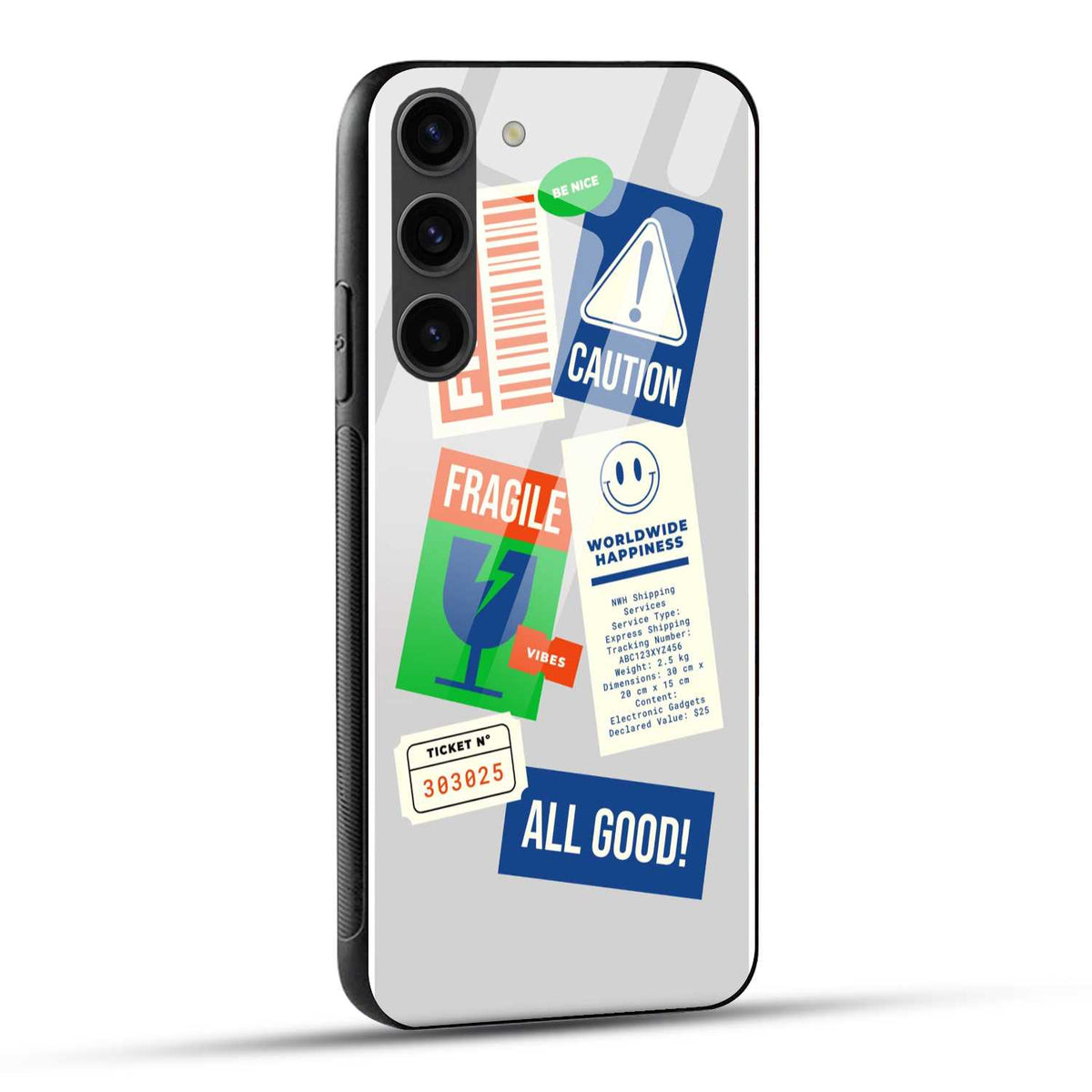 Samsung Galaxy S23 5G Back Cover Fragile And Caution Packaging Symbols Printed Glass Case