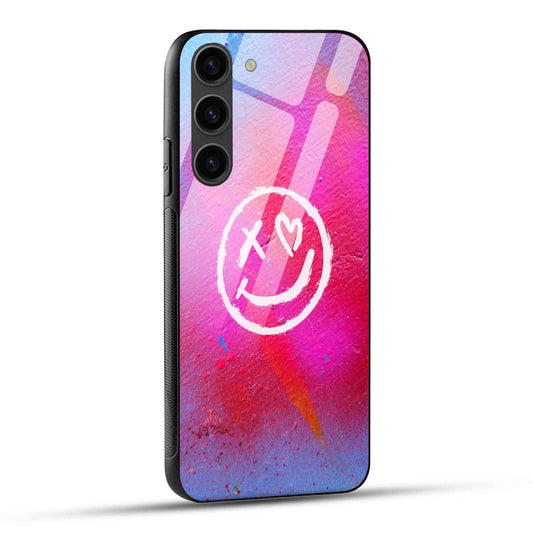 Samsung Galaxy S23 5G Back Cover Pink Red Blue Vibrant Smile Face Graffiti Spray Paint Printed Glass Case